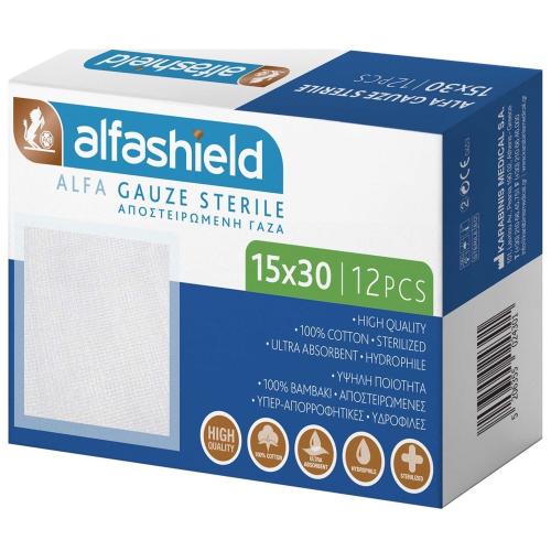 Alfashield Alfa Gauze Sterile 15x30cm Αποστειρωμένες Γάζες Υψηλής Ποιότητας από Βαμβάκι 12 Τεμάχια